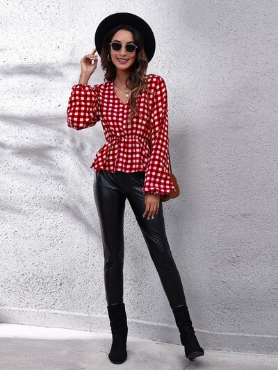 Picnic Plaid Balloon Sleeve Peplum Blouse