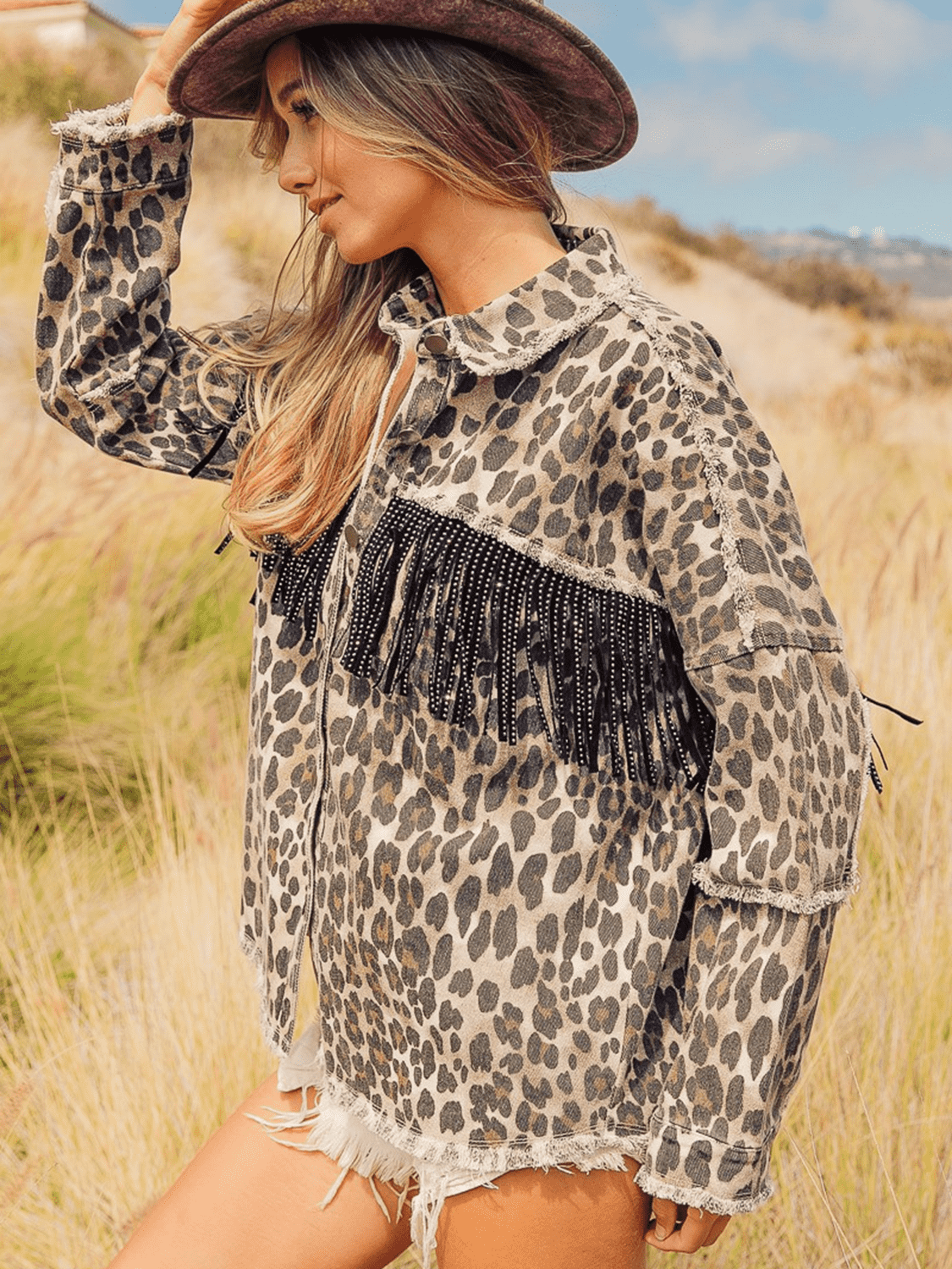 Wild One Leopard Fringe Detail Denim Jacket
