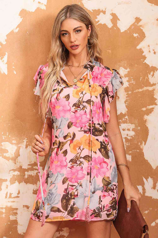 Amoura Floral Tie Neck Flutter Sleeve Dress