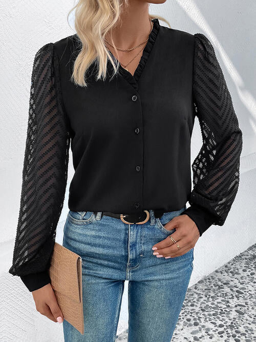 Alicia Mesh V-Neck Button Front Blouse