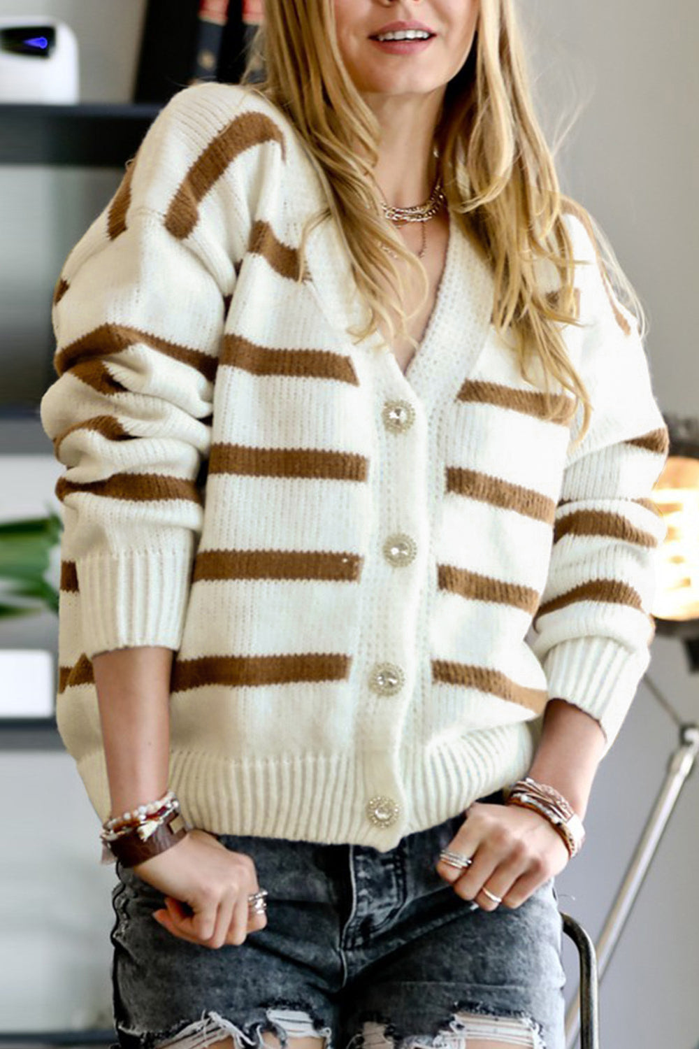 Comfy Button Down Striped Cardigan
