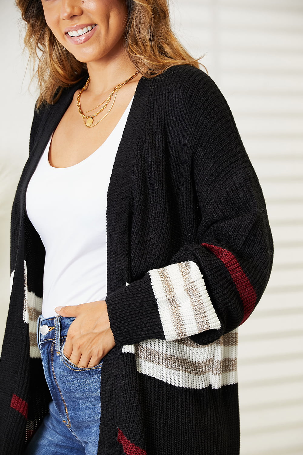 Nellie Striped Rib-Knit Open Front Cardigan