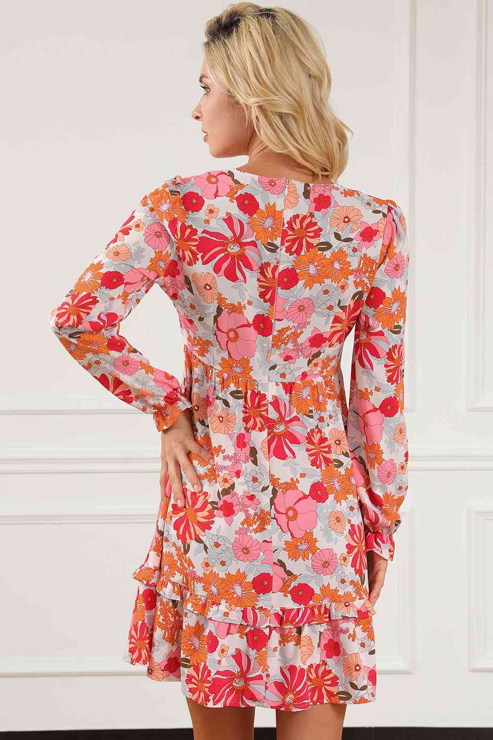 Emmie Floral Ruffled V-Neck Long Sleeve Dress