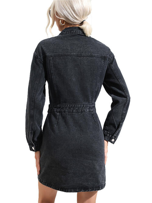 Dream Buttoned Collared Neck Denim Mini Dress