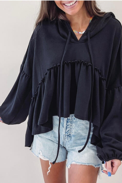 Gwen Drawstring High-Low Balloon Sleeve Hoodie