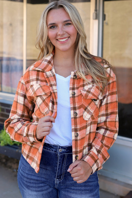 Pumpkin Spice Plaid Button Down Jacket