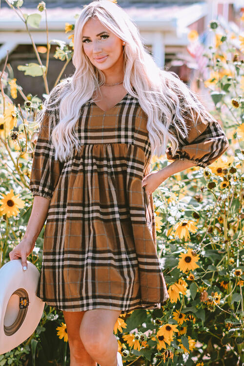 Mary Plaid V-Neck Balloon Sleeve Dress