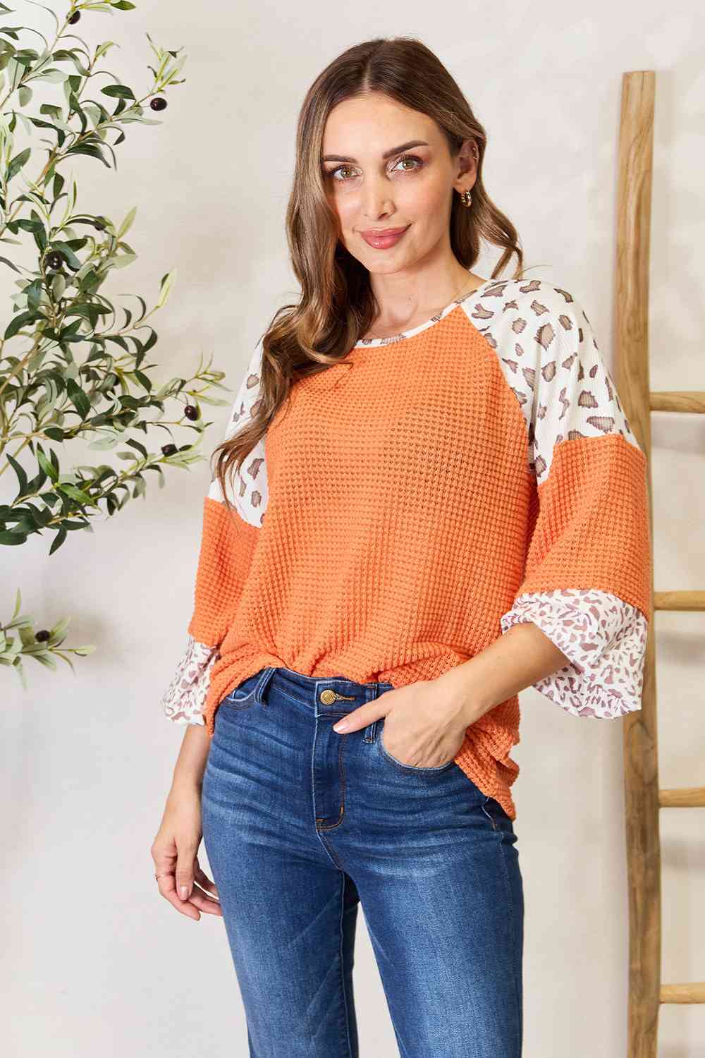 Brooke Leopard Waffle-Knit Long Sleeve Blouse