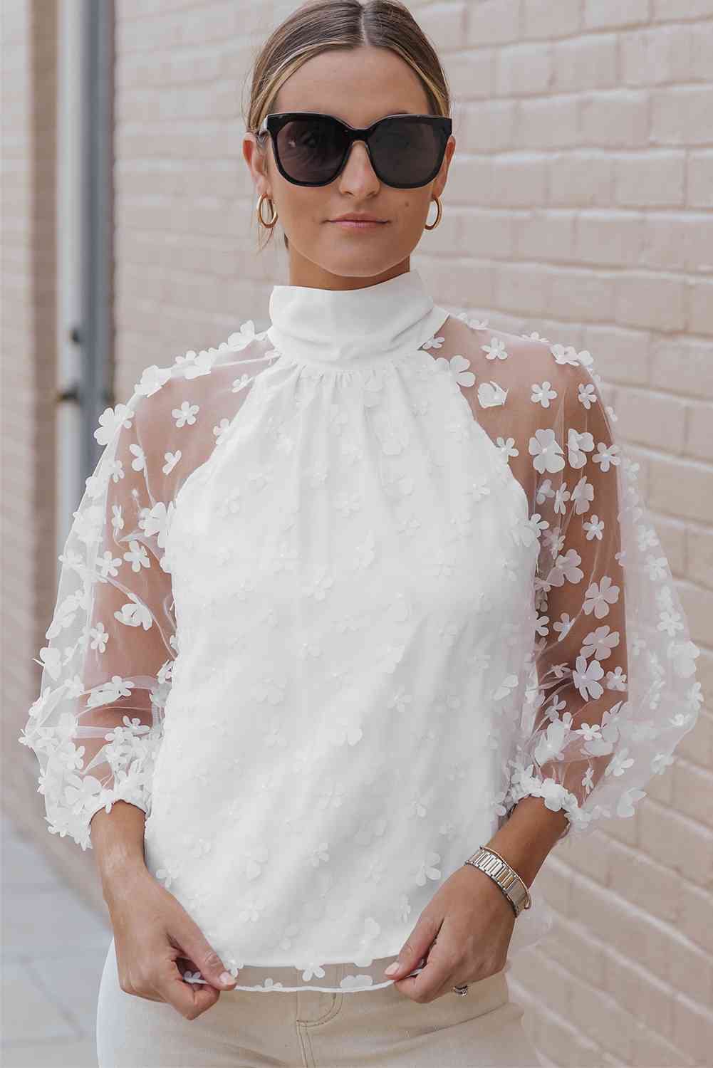 Haven Mock Neck Long Sleeve Applique Blouse