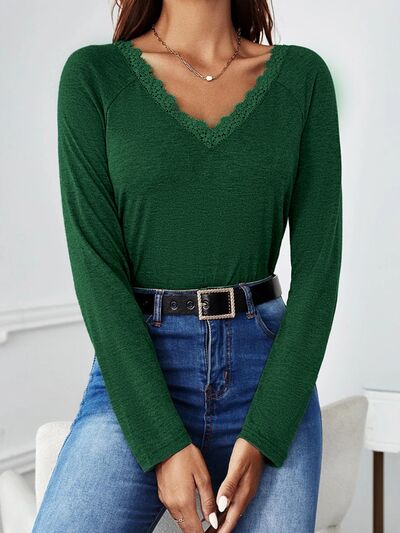 Lucky Lace Detail V-Neck Long Sleeve Top