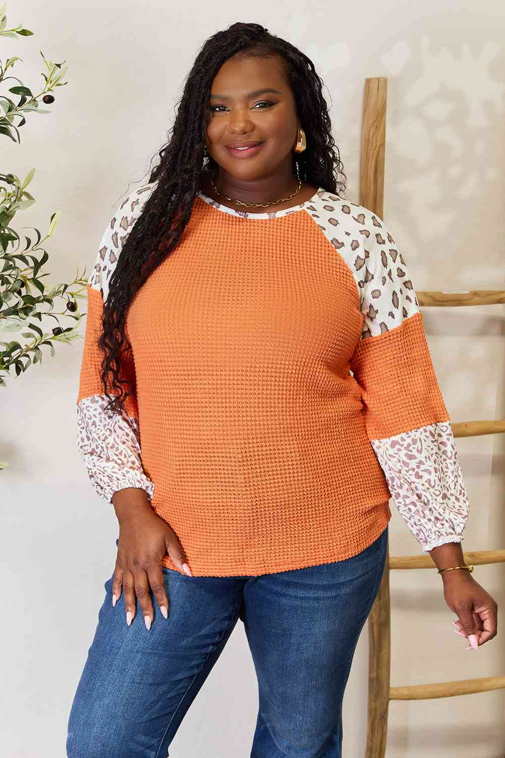 Brooke Leopard Waffle-Knit Long Sleeve Blouse