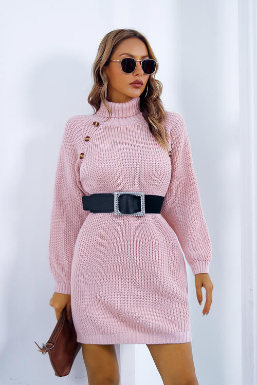 Laila Buttoned Turtleneck Long Sleeve Sweater Dress