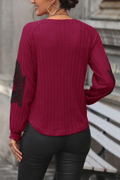 Cabernet Ribbed Lace Detail V-Neck Sweater