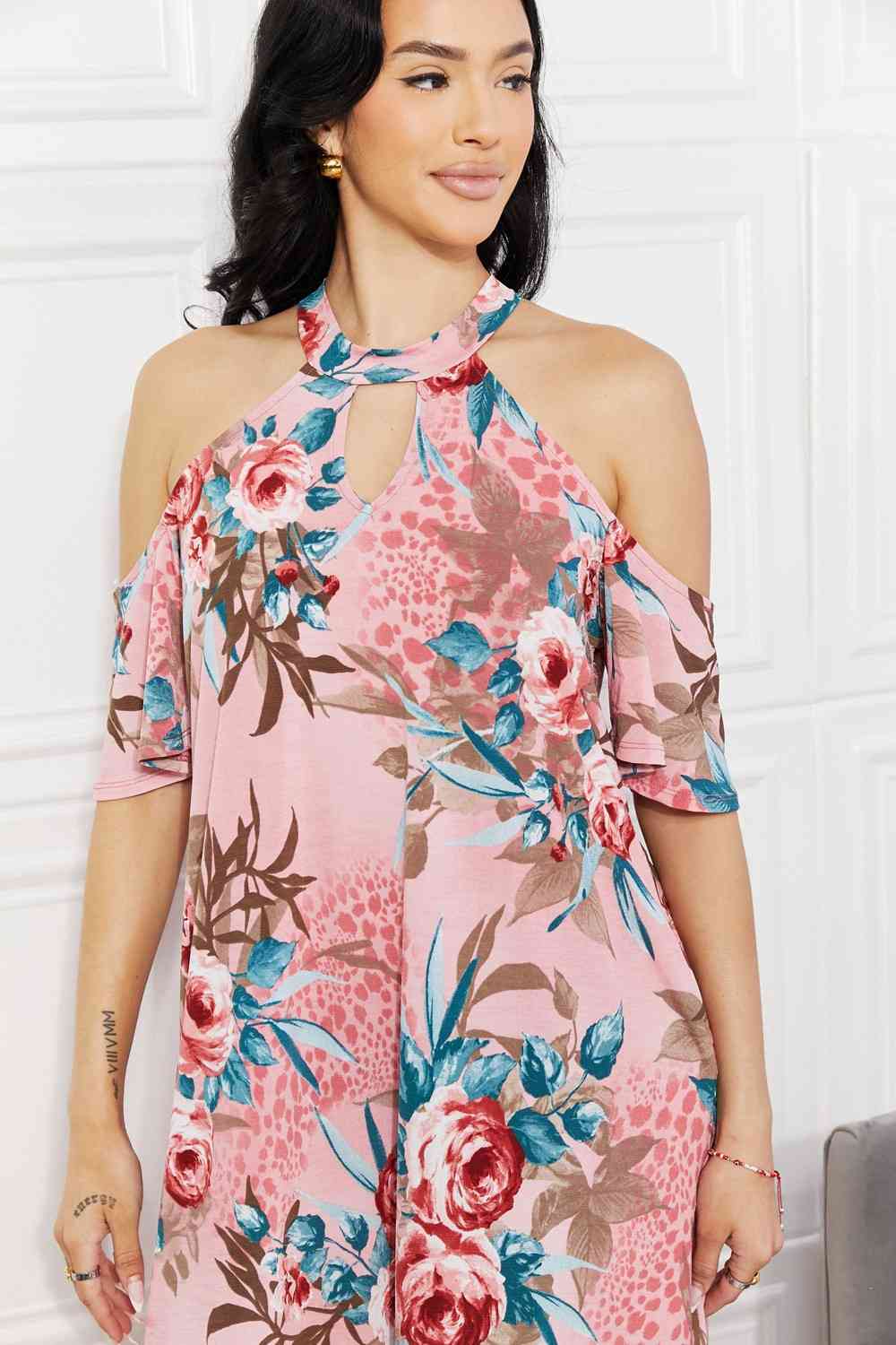 April Flowers Cold-Shoulder Midi Dress