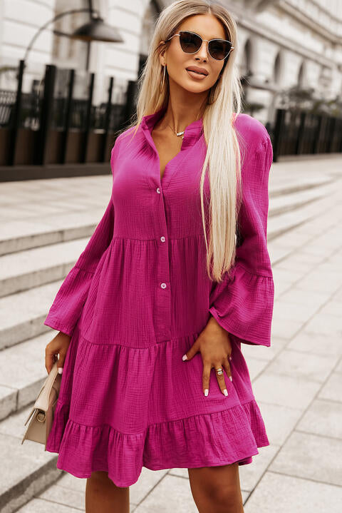 Alora Buttoned Flare Sleeve Tiered Dress