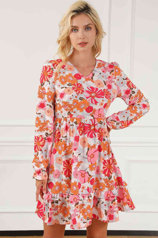 Emmie Floral Ruffled V-Neck Long Sleeve Dress