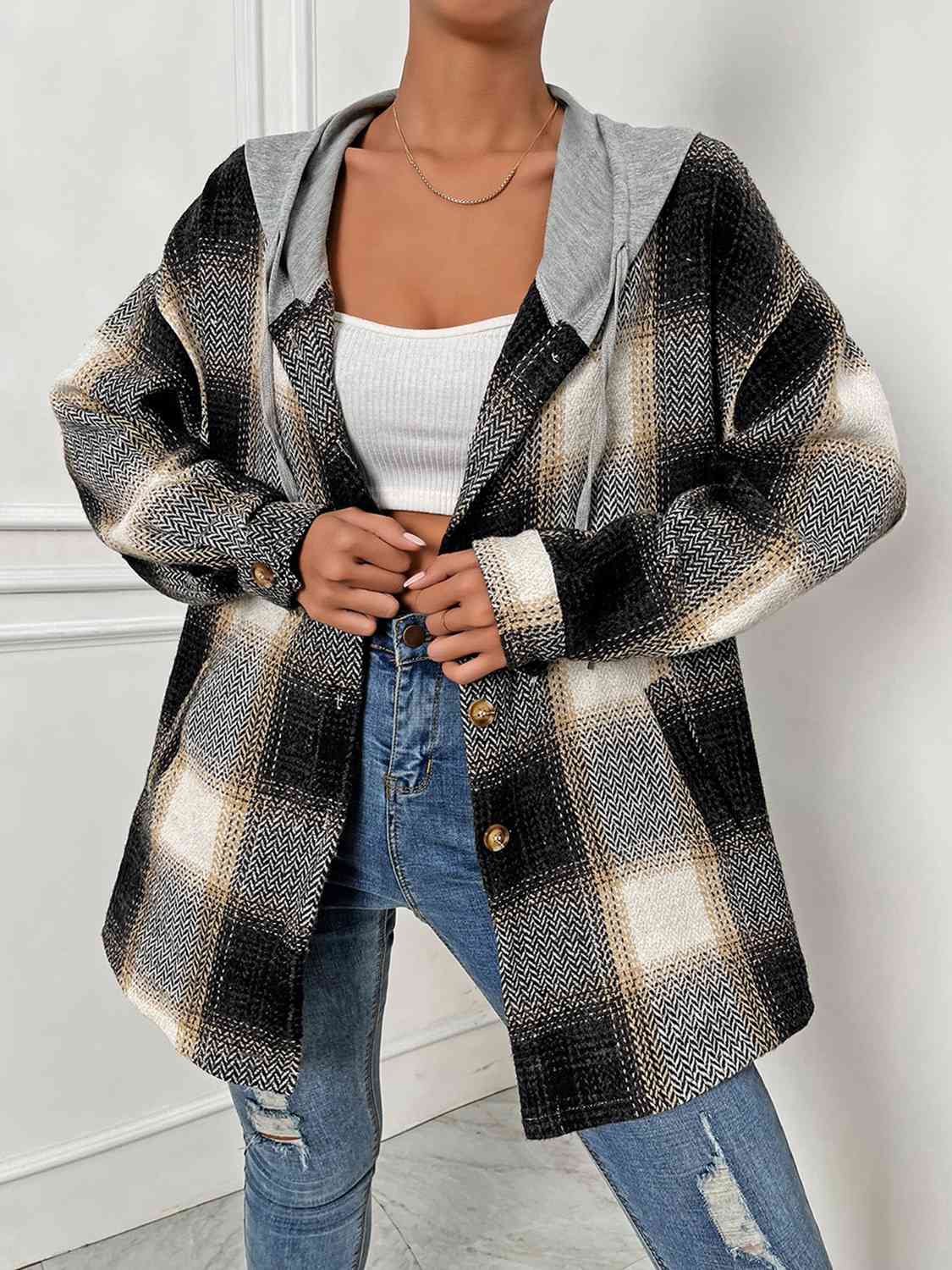 Lisa Plaid Drawstring Hooded Jacket