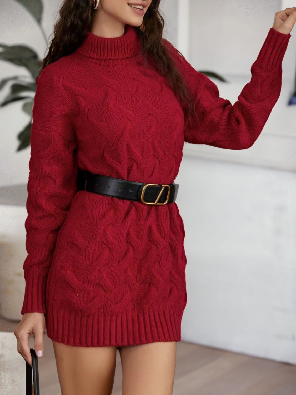 red turtleneck sweater dress With a Kiss Ribbon-Sleeve Reshape and lay flat to dry Turtleneck Funnel Sweater Dress -