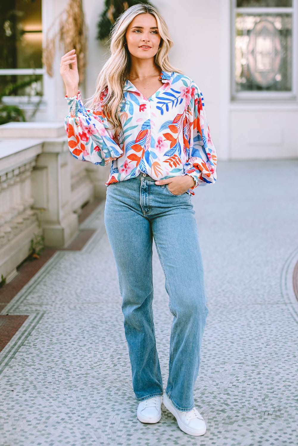 Chic Bouquet Lantern Sleeve Blouse
