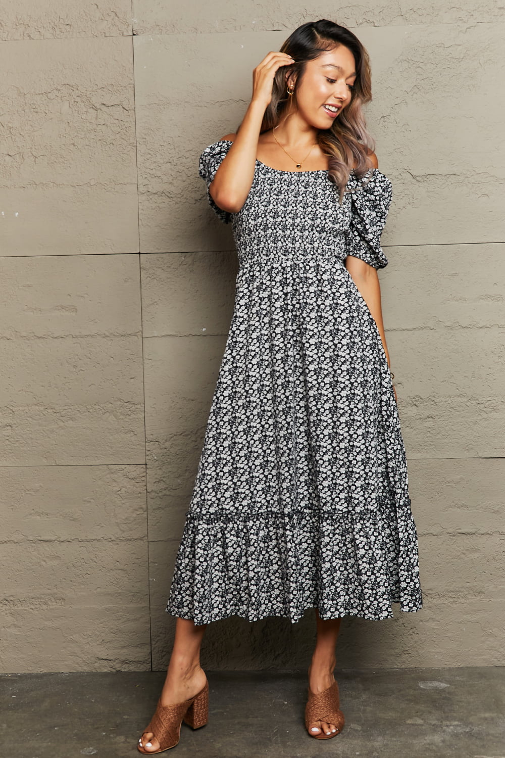 Corinne Floral Lace-Up Midi Dress