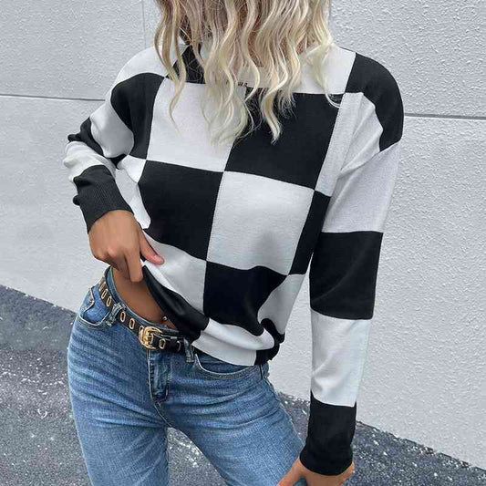 Mind Games Checkered Knit Pullover