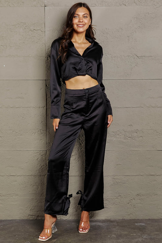 Bella Cropped Blouse and Tie Detail Pants Set
