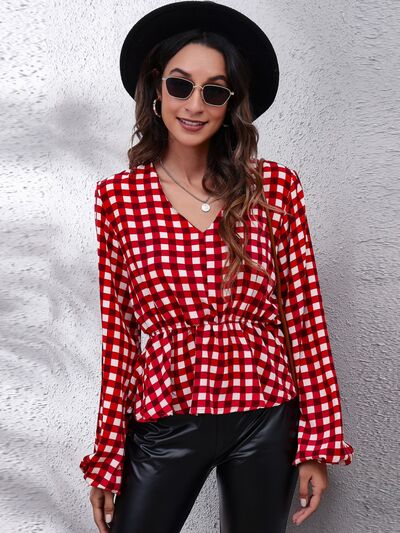 Picnic Plaid Balloon Sleeve Peplum Blouse