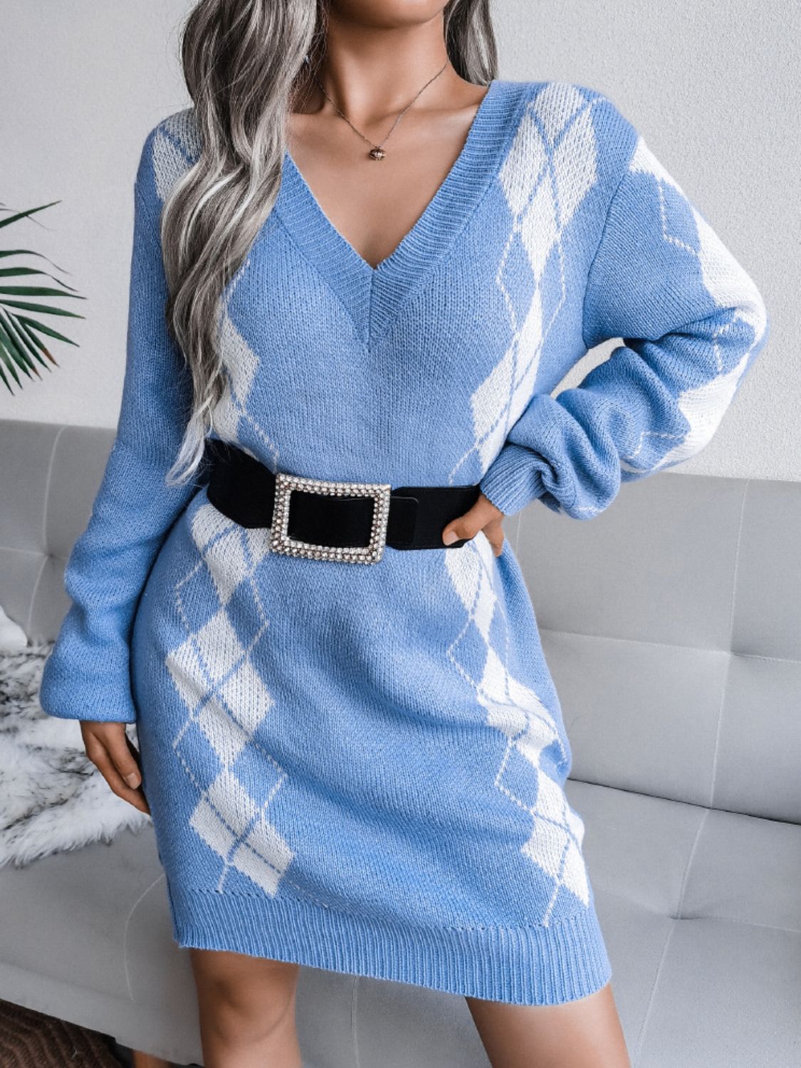 Argyle V-Neck Sweater Dress