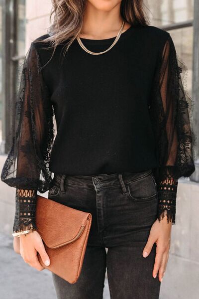 Lena Lace Detail Mesh Lantern Sleeve Blouse