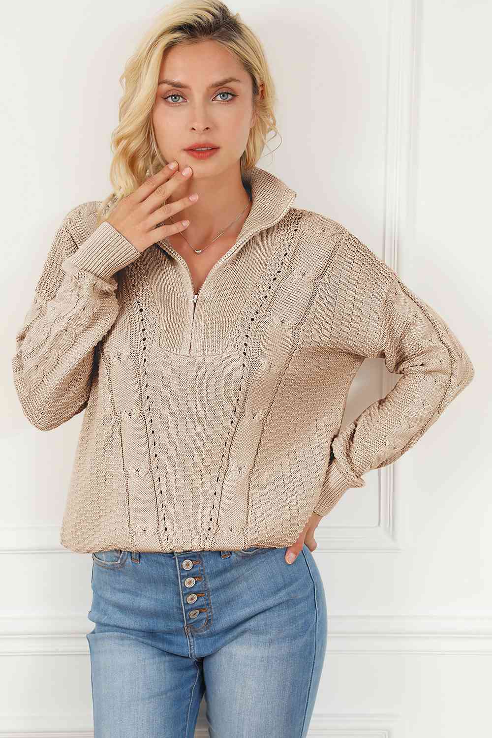 Della Cable-Knit Half Zip Long Sleeve Sweater