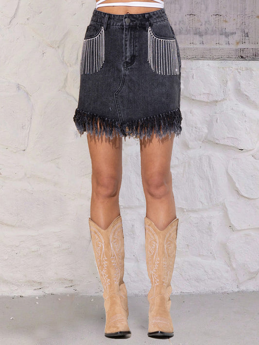 Rodeo Rhinestone Fringe Denim Mini Skirt
