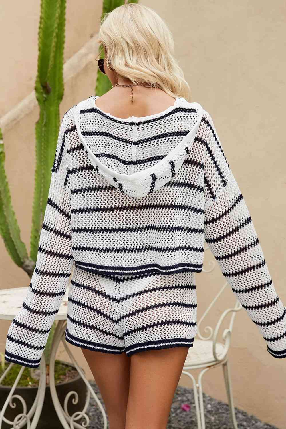 Evie Striped Openwork Knit Hoodie and Shorts Set