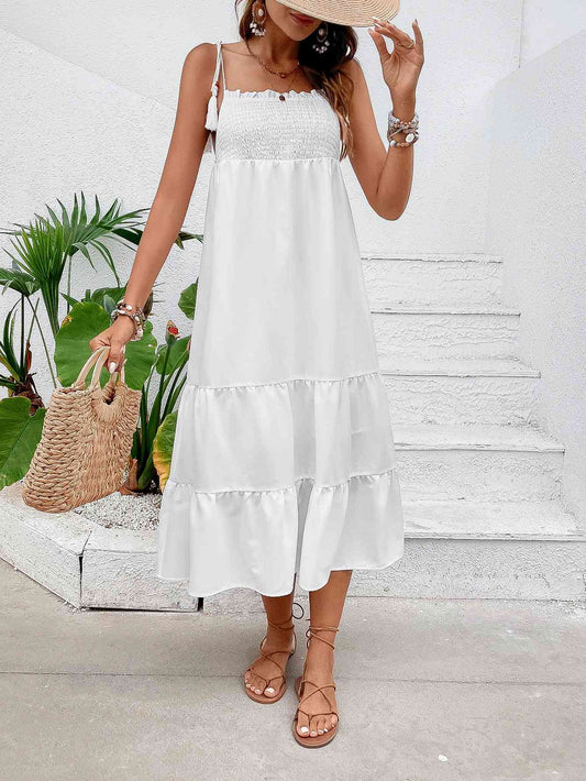 Kaydence Tie-Shoulder Smocked Midi Dress