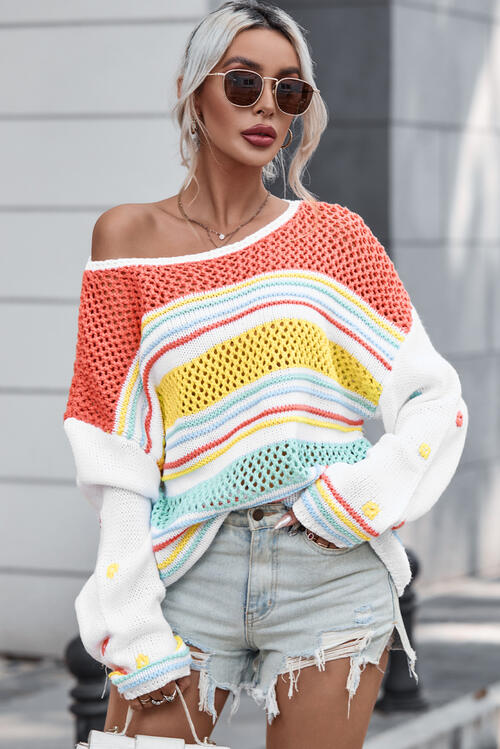 Camila Openwork Striped Long Sleeve Sweater