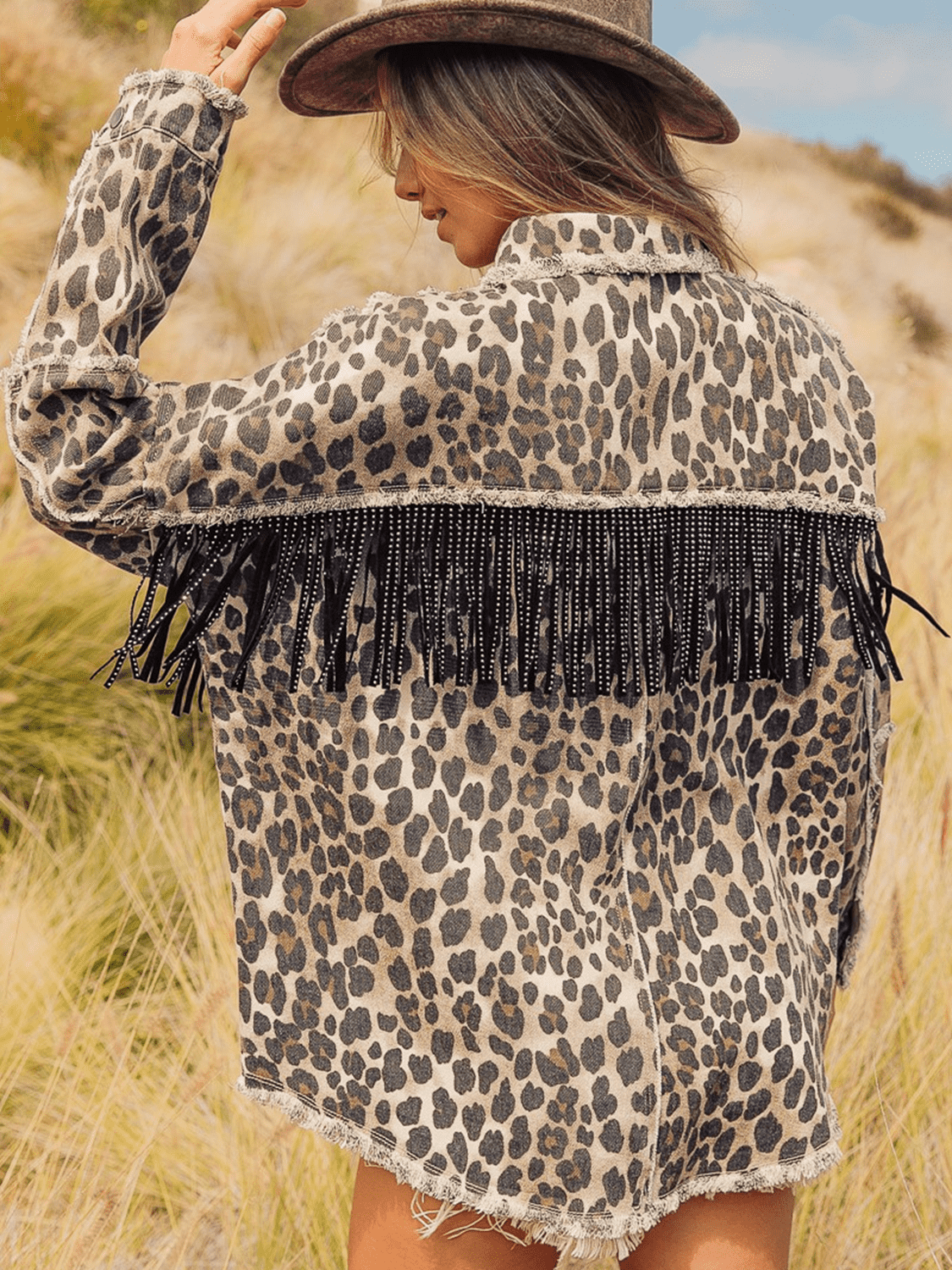 Wild One Leopard Fringe Detail Denim Jacket