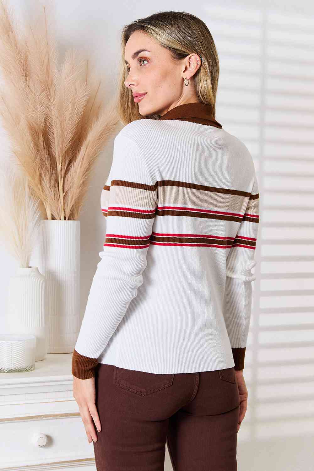 Wrenley Striped Collared Neck Rib-Knit Top