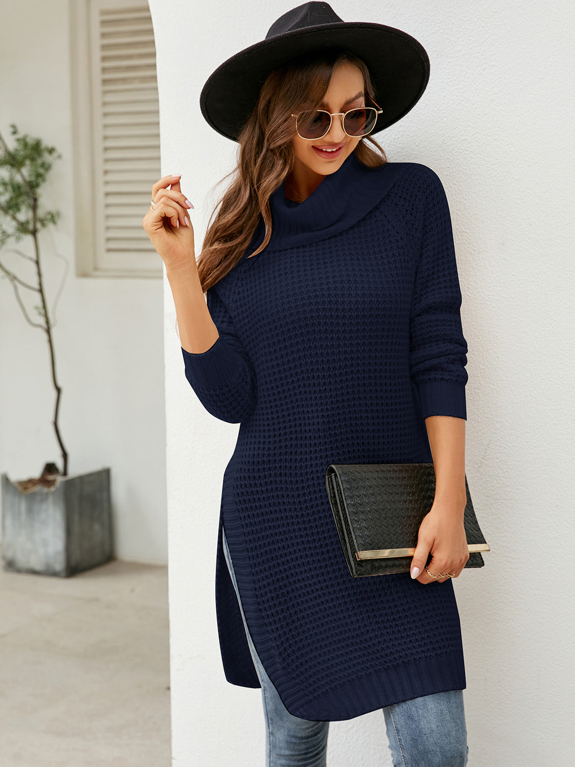 Emily Turtleneck Waffle-Knit Sweater Dress