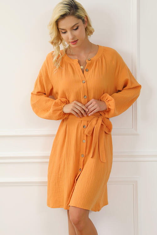 Lucia Tied Button Front Balloon Sleeve Dress