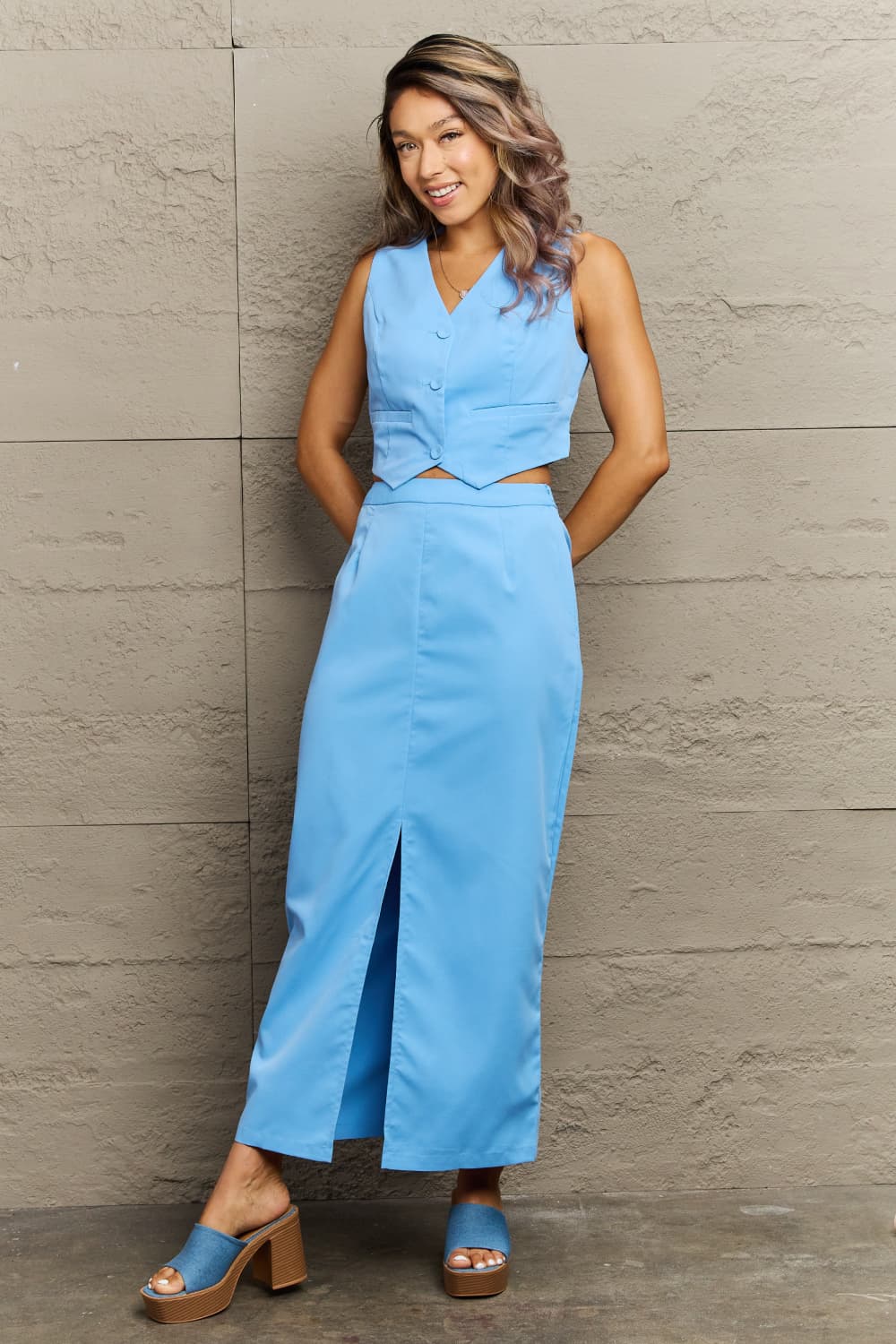 Evelyn V-Neck Vest and Maxi Skirt Set