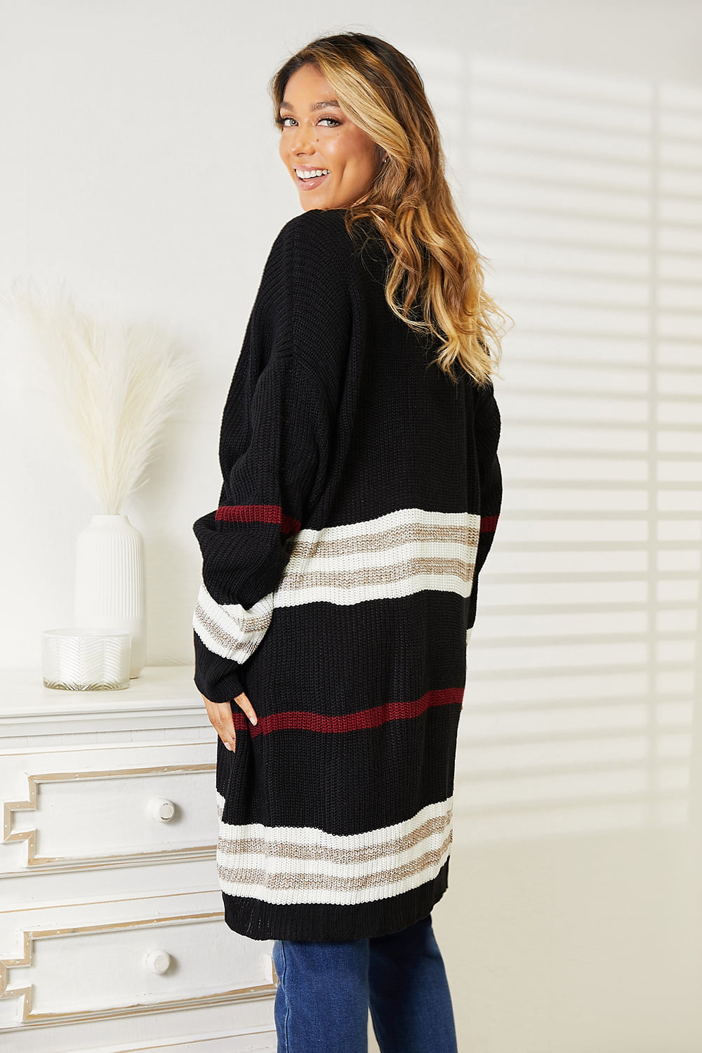 Nellie Striped Rib-Knit Open Front Cardigan