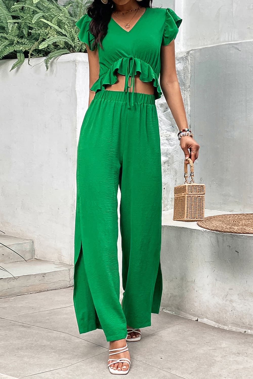 Believe In Luck Ruffle Hem Top and Slit Pants Set