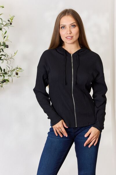 Sienna Ribbed Zip Up Drawstring Hooded Jacket