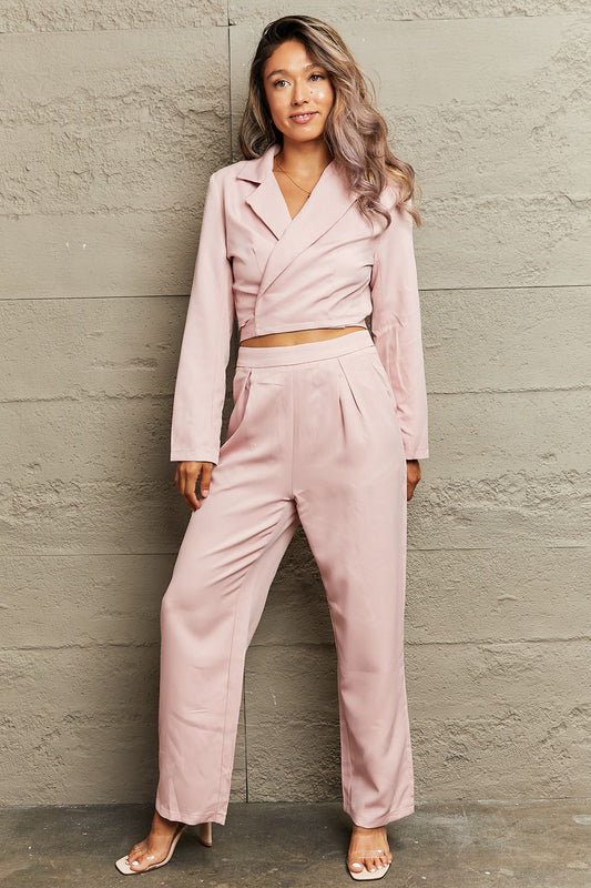 Chic Lapel Collar Top and Pants Set