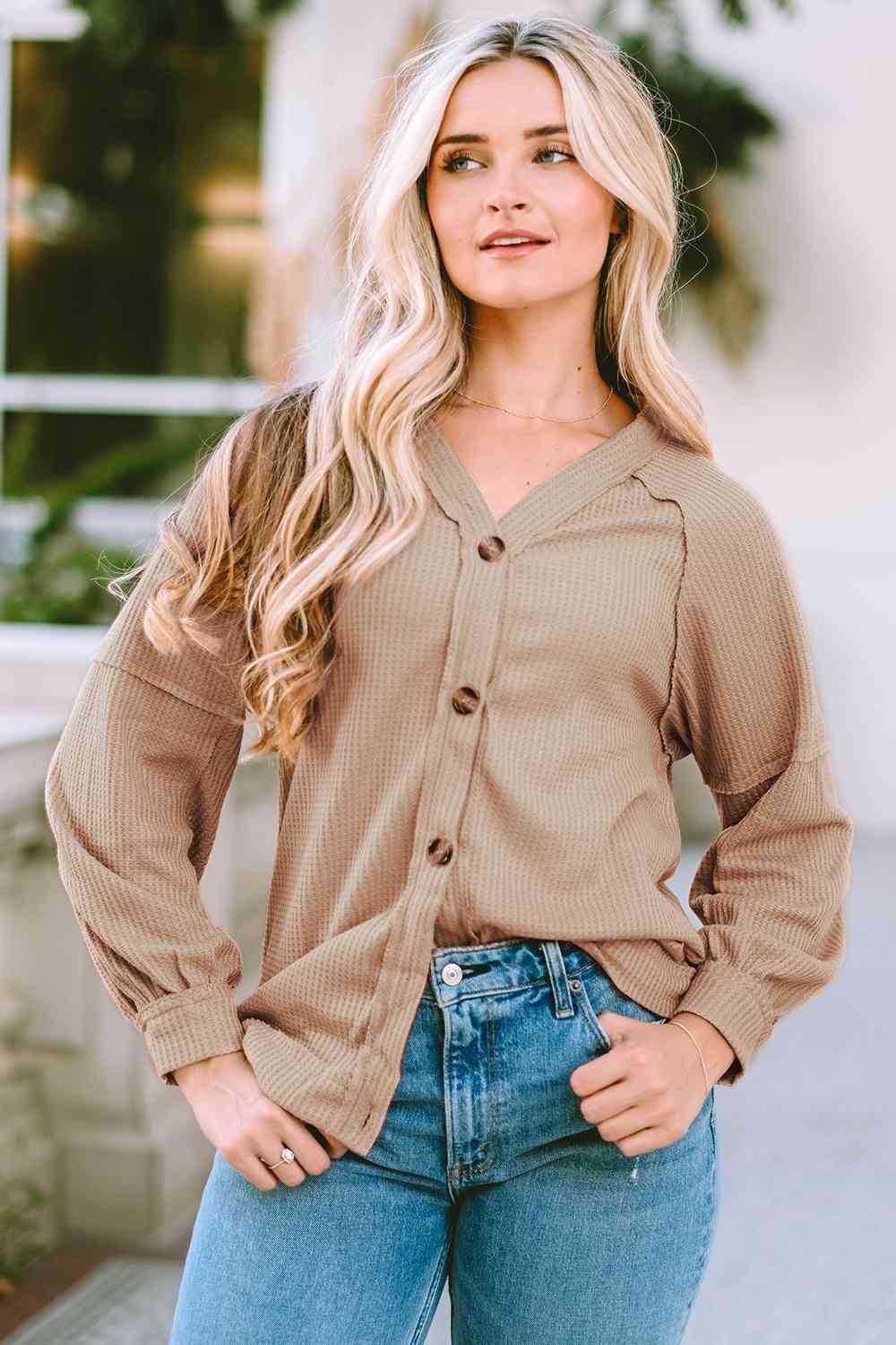 Isabelle Button Down Waffle Knit Shirt