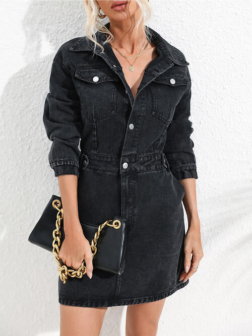 Dream Buttoned Collared Neck Denim Mini Dress