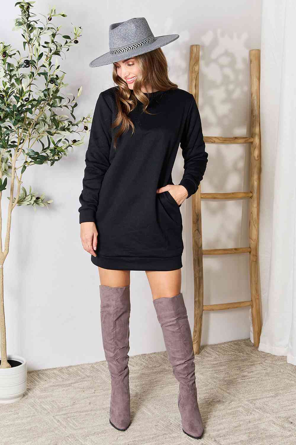 Cozy Round Neck Long Sleeve Mini Dress