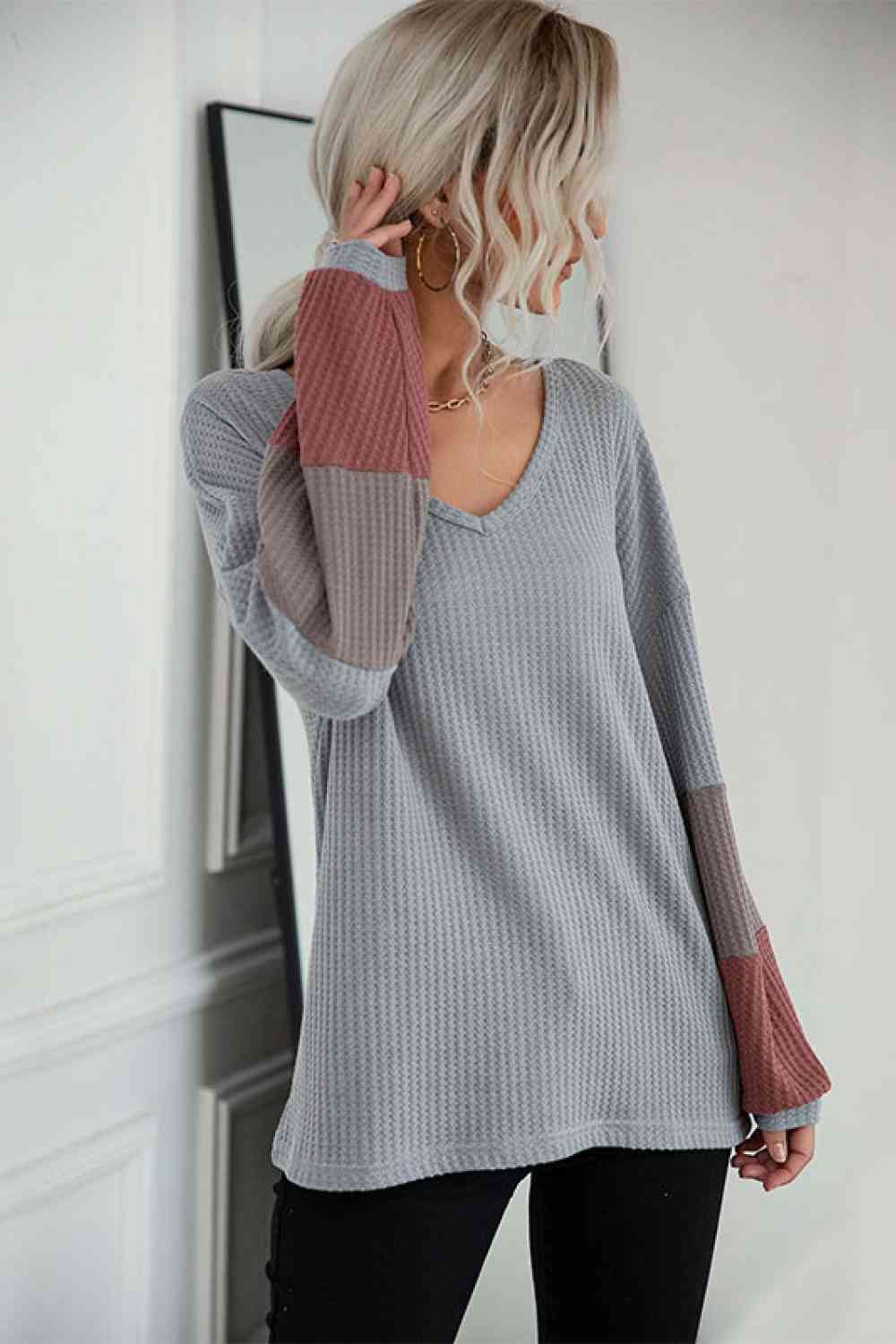 Elisabeth Color Block Sleeve Waffle Knit Top