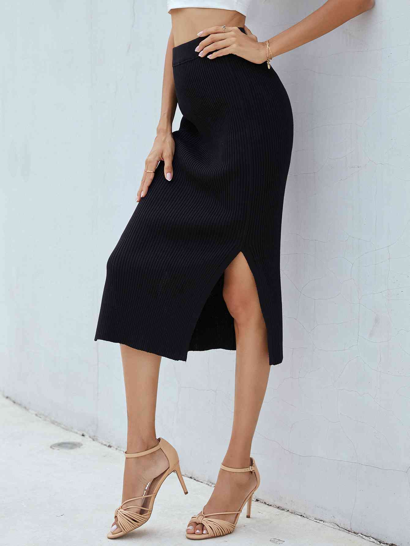 Angelina Ribbed Side Slit Midi Skirt