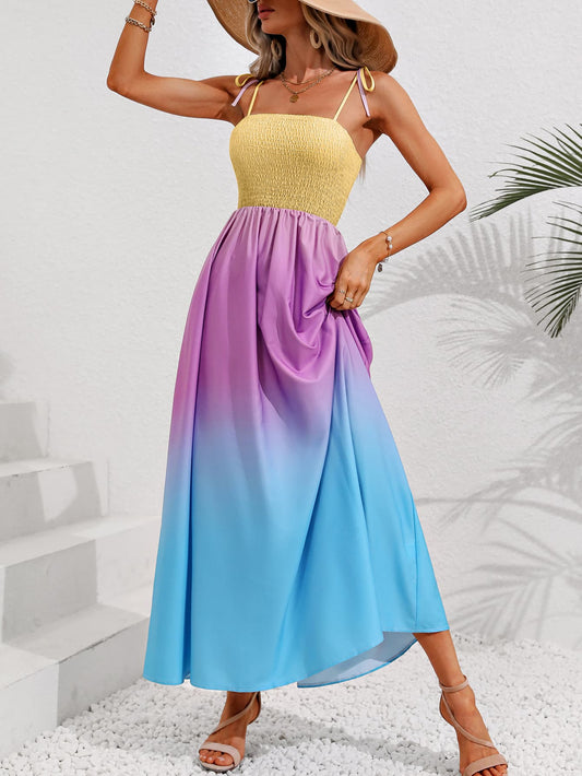 Treasure Color Block Tie Shoulder Smocked Maxi Dress