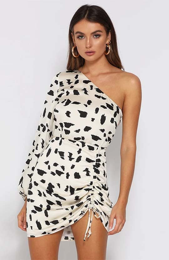 Cuddle Me One Shoulder Dalmatian White Mini Dress
